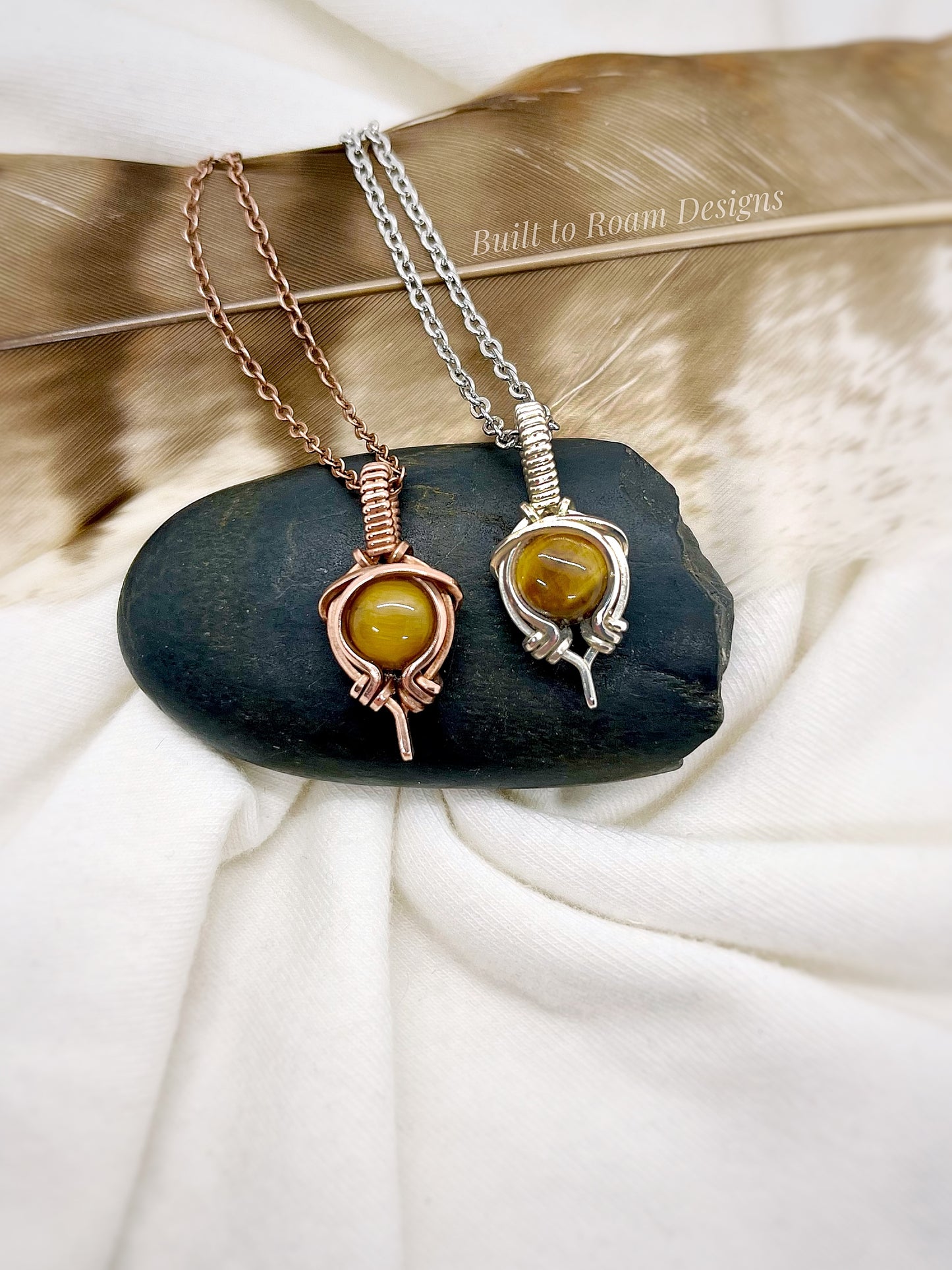 Tiger’s Eye pendant necklace from Tiny But Mighty collection, silver and copper, front view on white background