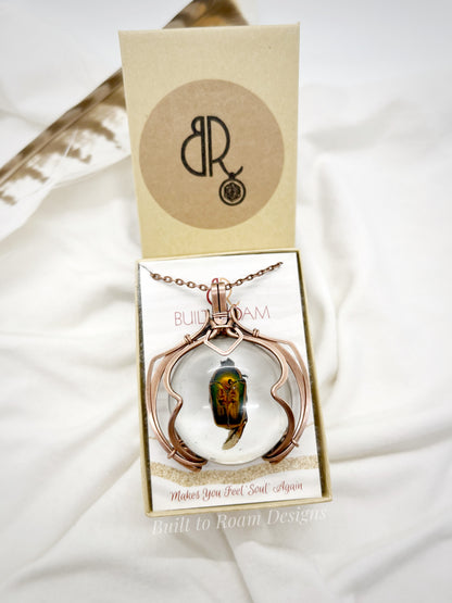 Copper pendant in a Built to Roam Designs jewelry box with a real, ethically sourced green June Bug in resin - front view - Marty