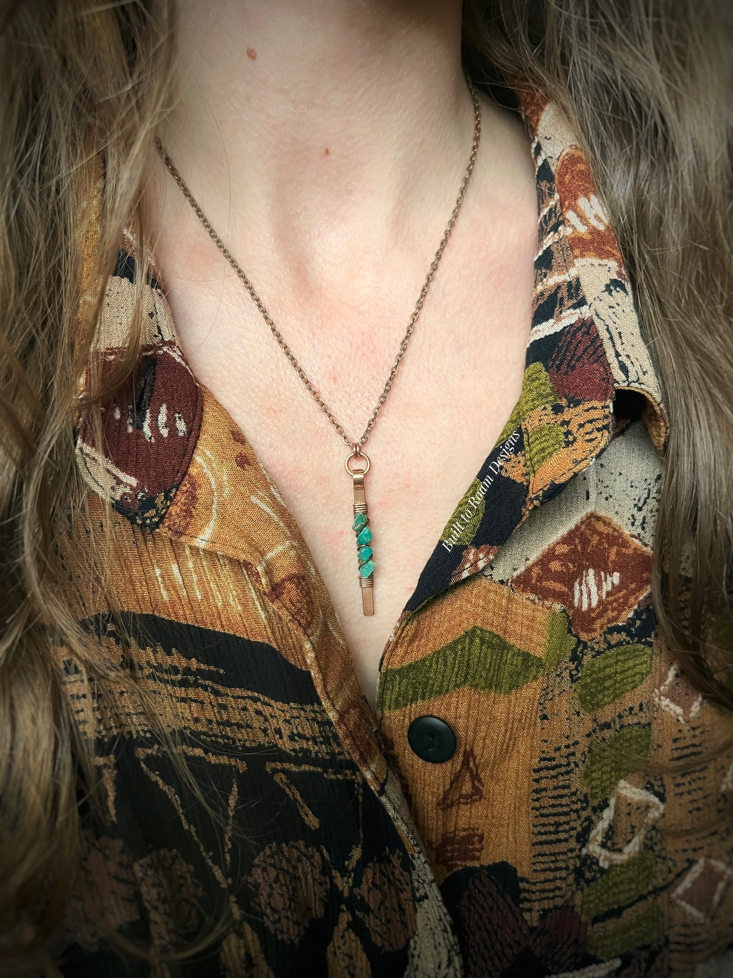 Person wearing a Copper bar necklace with teal amazonite chip beads - side view - Origin