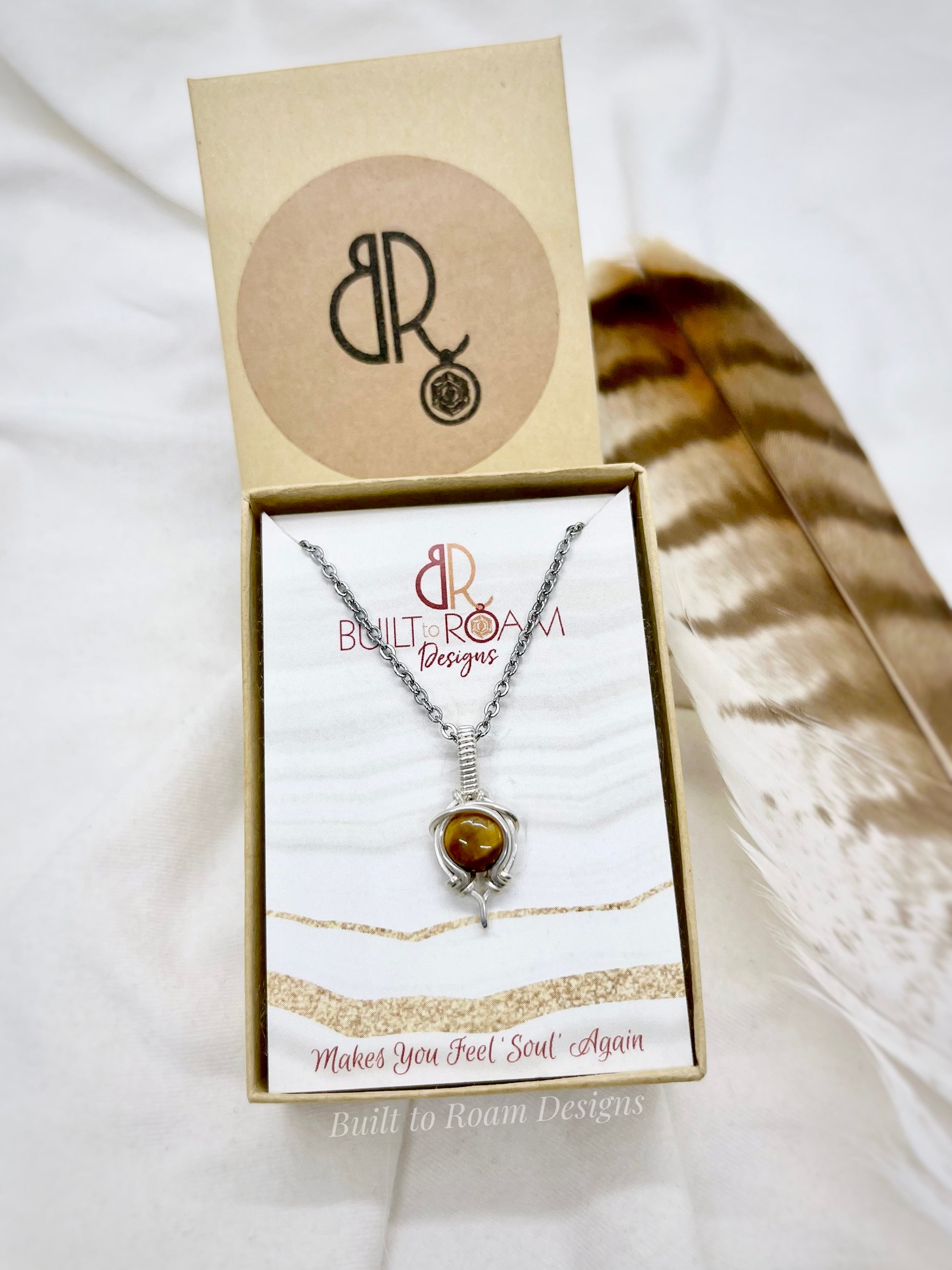 Tiger’s Eye pendant necklace from Tiny But Mighty collection in silver, front view in box