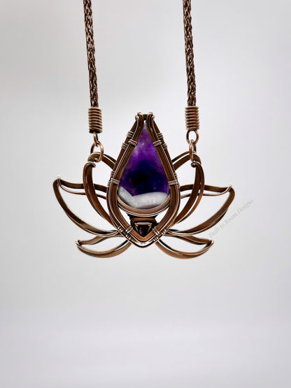 Copper lotus flower Viking knit chain necklace with purple amethyst gemstone on white background - front view - Elysian