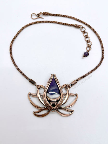 Copper lotus flower Viking knit chain necklace with purple amethyst gemstone on white background - front view - Elysian